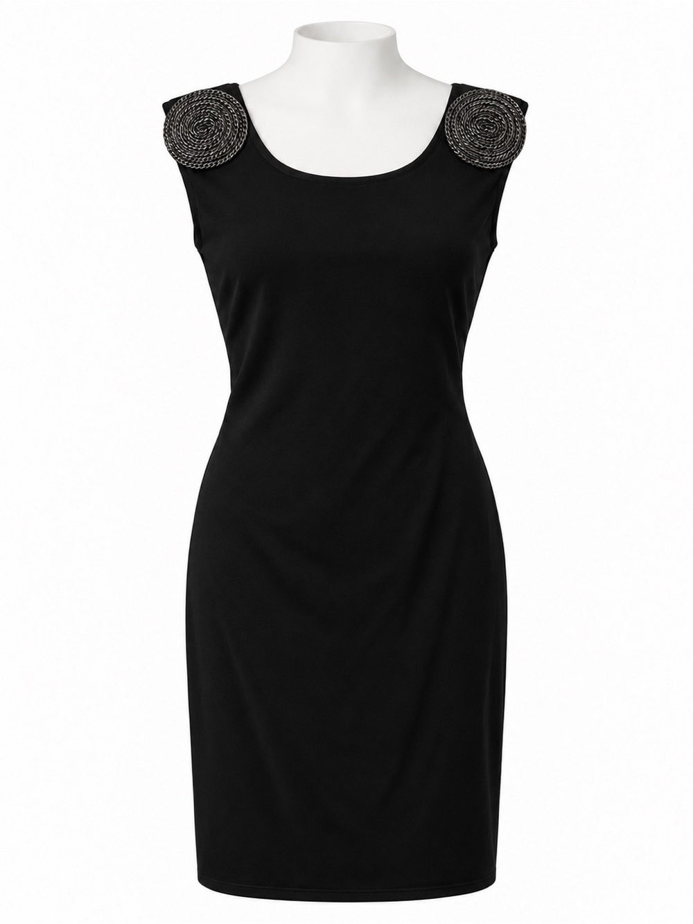 Size 1 Ted Baker Women’s Black Spiral Rosette Sleeveless Knit Sheath Dress V Bac